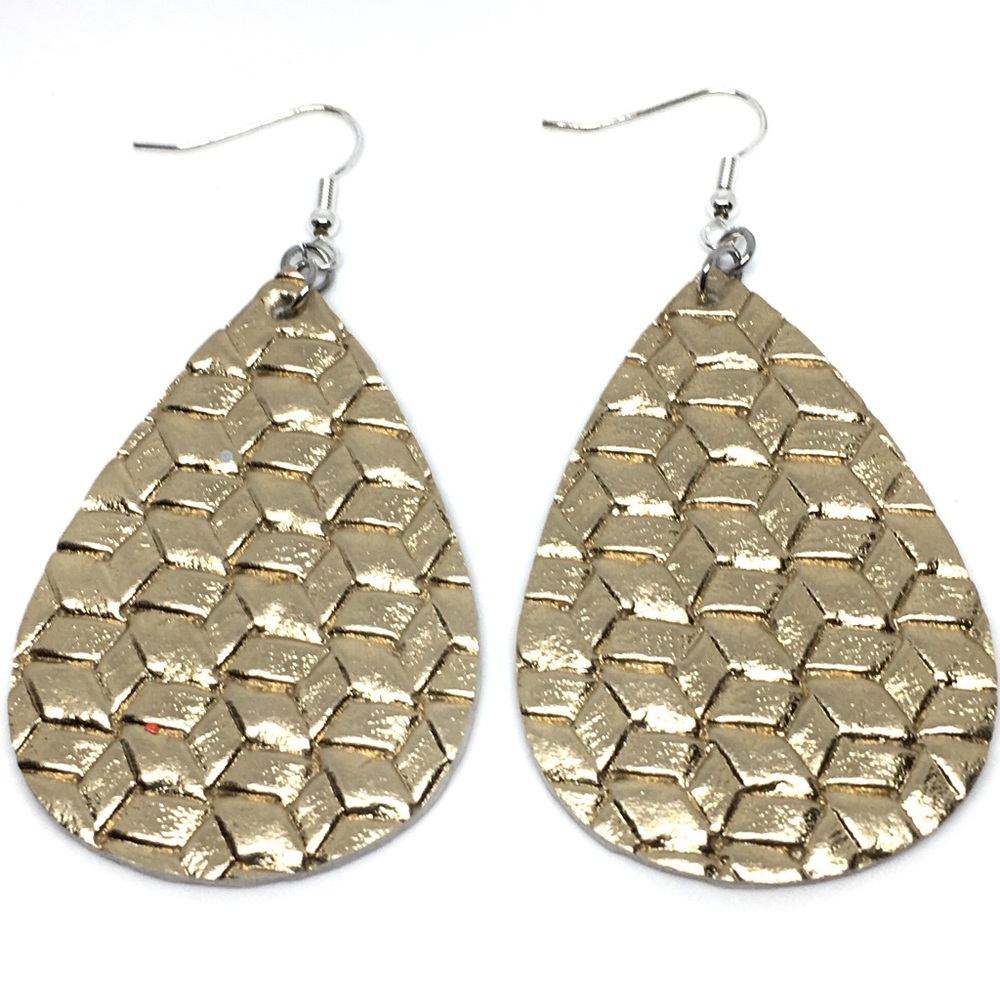 Gold Teardrop Dangle Drop Vegan Leather Earrings